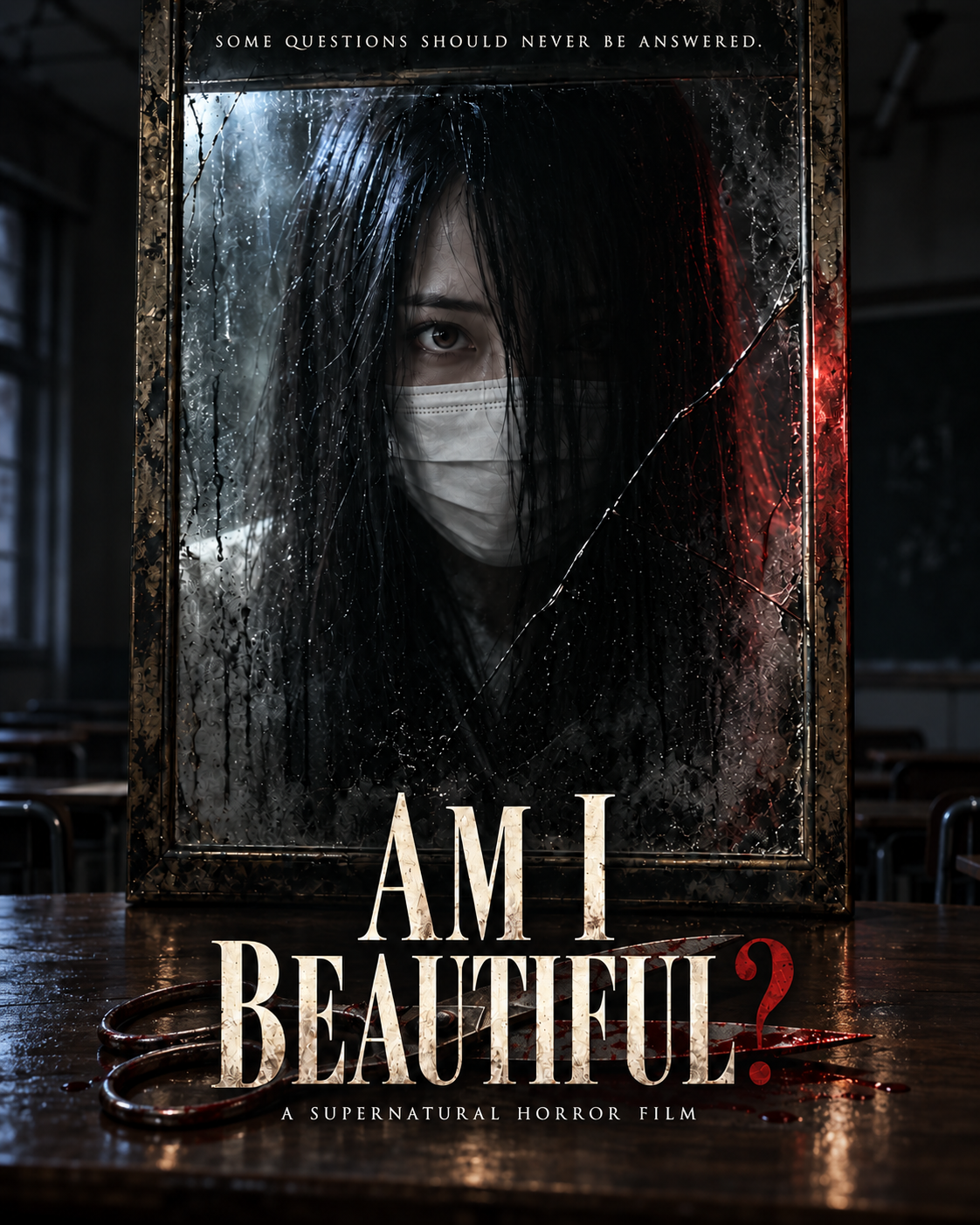 Am I Beautiful? promotional poster: a masked woman stares through a cracked mirror above bloodstained scissors on a desk.